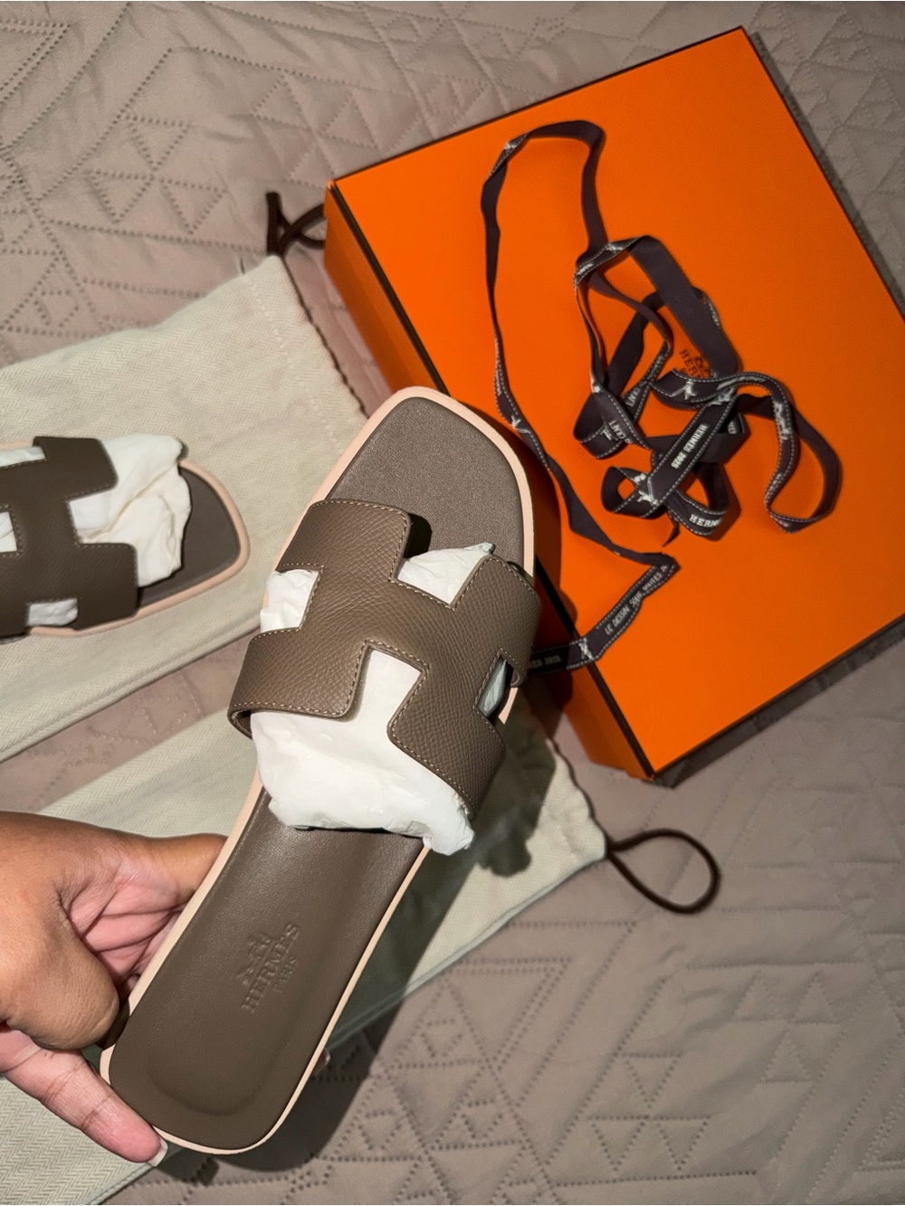 Hermes Etoupe Oran Leather Slide Sandals - Picture 5 of 6
